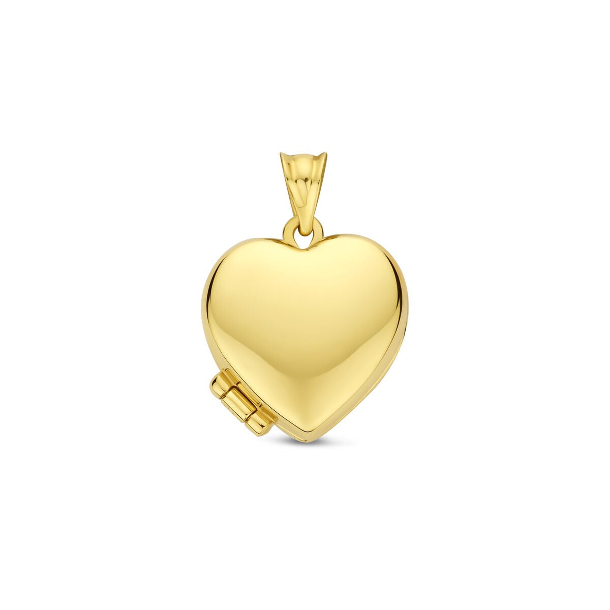 Geelgouden hartjes medaillon van 14k, 15 mm, met een gladde afwerking en een sluiting aan de zijkant.