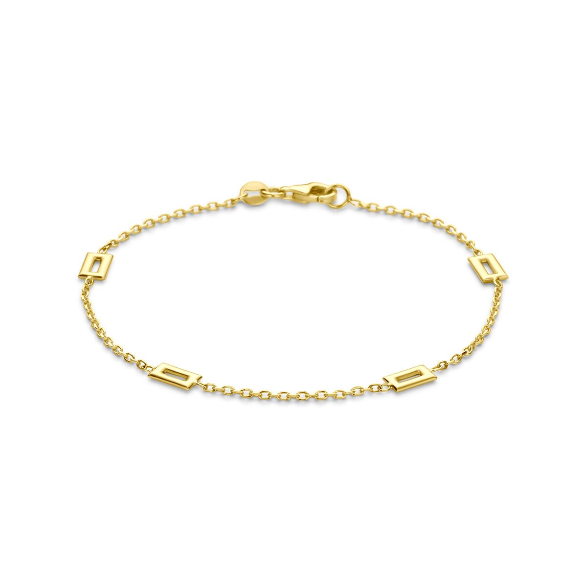 Geelgouden armband met speelse schakels en een sluiting, afgewerkt met een fijne schakelketting.