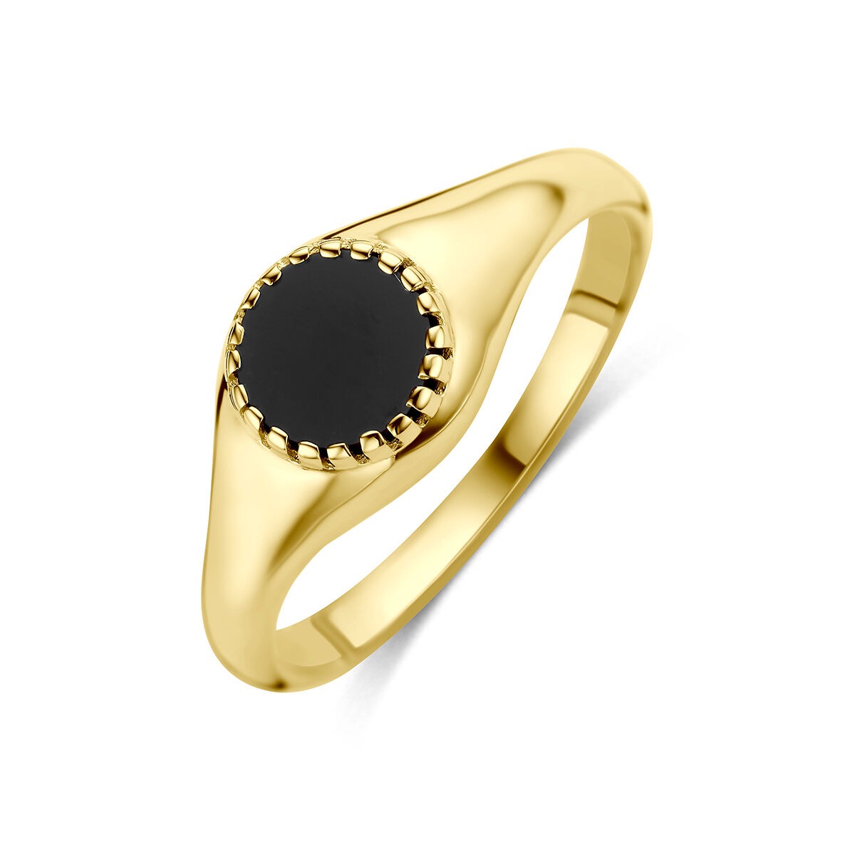 Geelgouden ring met een ronde onyx steen, afgewerkt met een golvende rand.