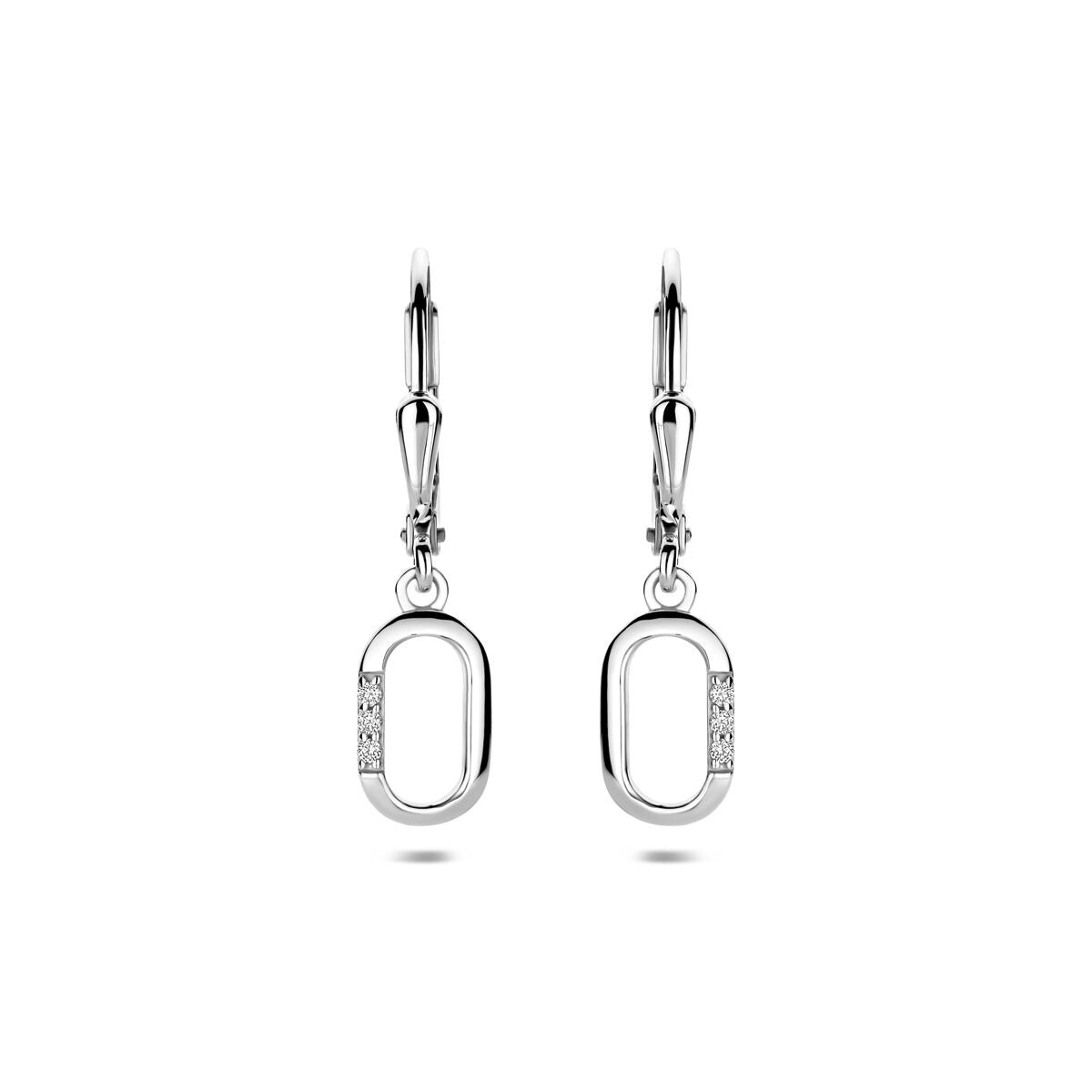 Zilveren oorhangers met gerhodineerde afwerking en zirkonia, 25 mm lang, met een ovaal ontwerp.
