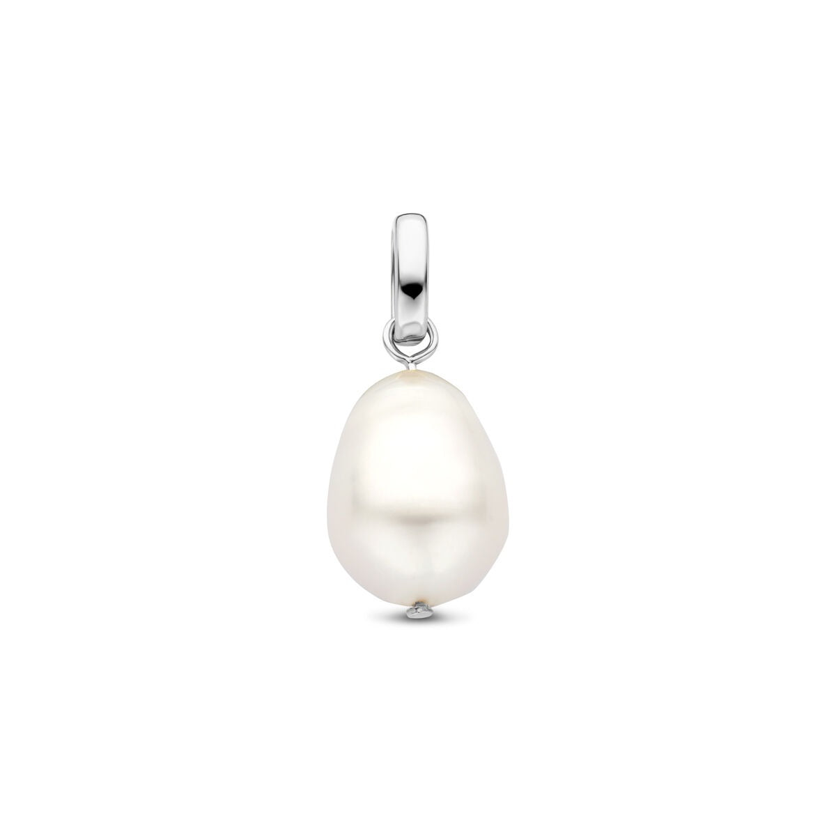 Gerhodineerde zilveren hanger met een ovale, witte parel van 20 mm.