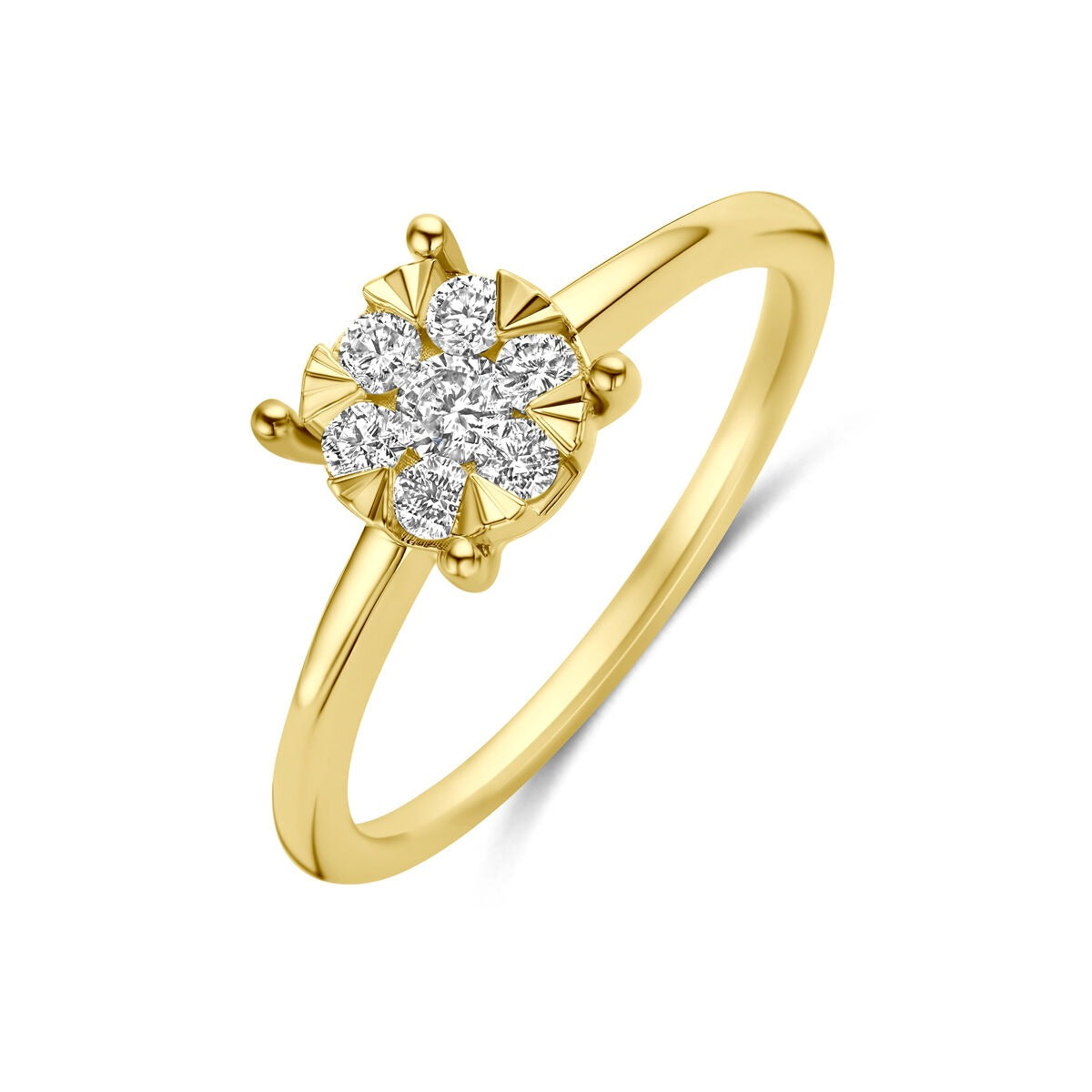 Geelgouden ring met een bloemvormige zetting en lab grown diamanten in het midden.