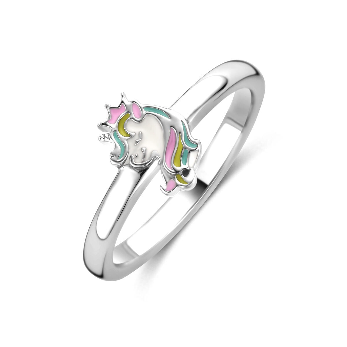 Zilveren kinder ring van gerhodineerd 925 zilver met een kleurrijke eenhoorn als detail.