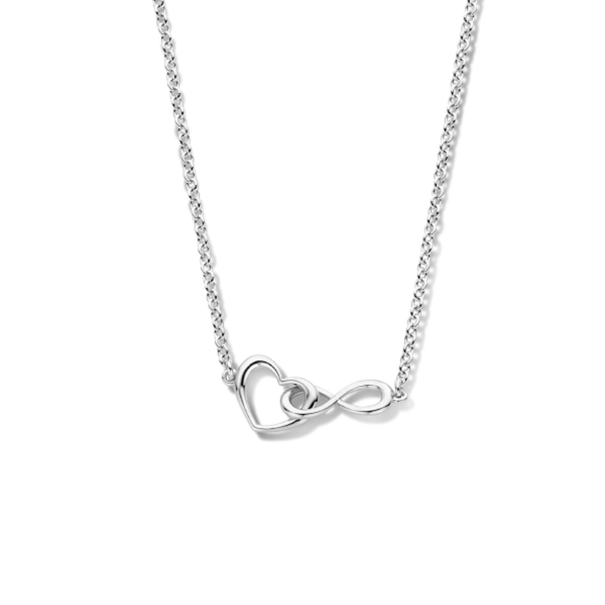 Gerhodineerd 925 zilveren collier met een hartje en een infinity-teken, fijn en glanzend.