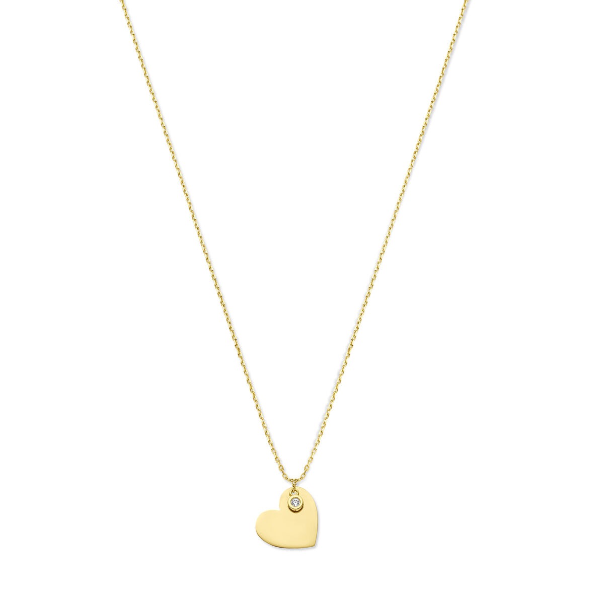 Geelgouden collier met een hartvormige hanger en een zirkonia-steentje.