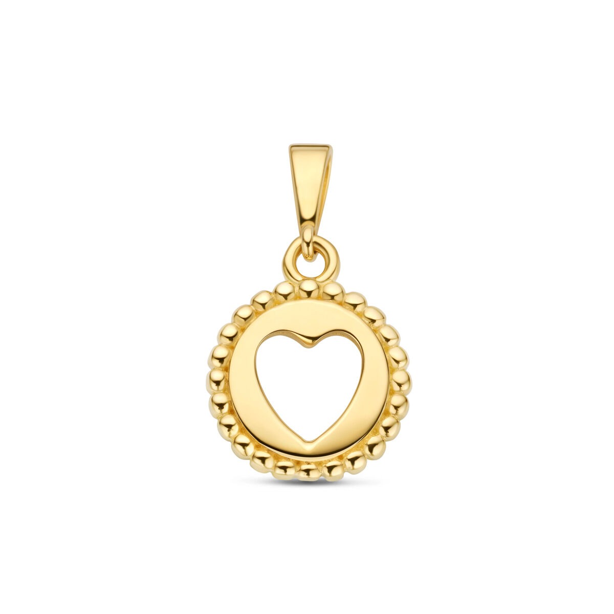 Geelgouden hanger in de vorm van een hart met een open midden en bolletjesrand.