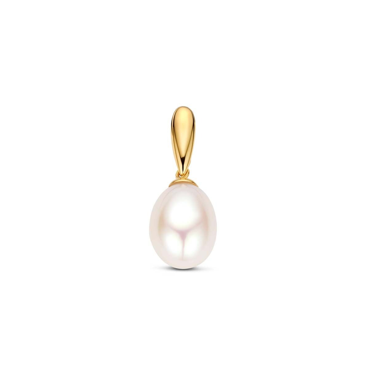 Geelgouden hanger met een ovale, witte parel en een gladde afwerking.