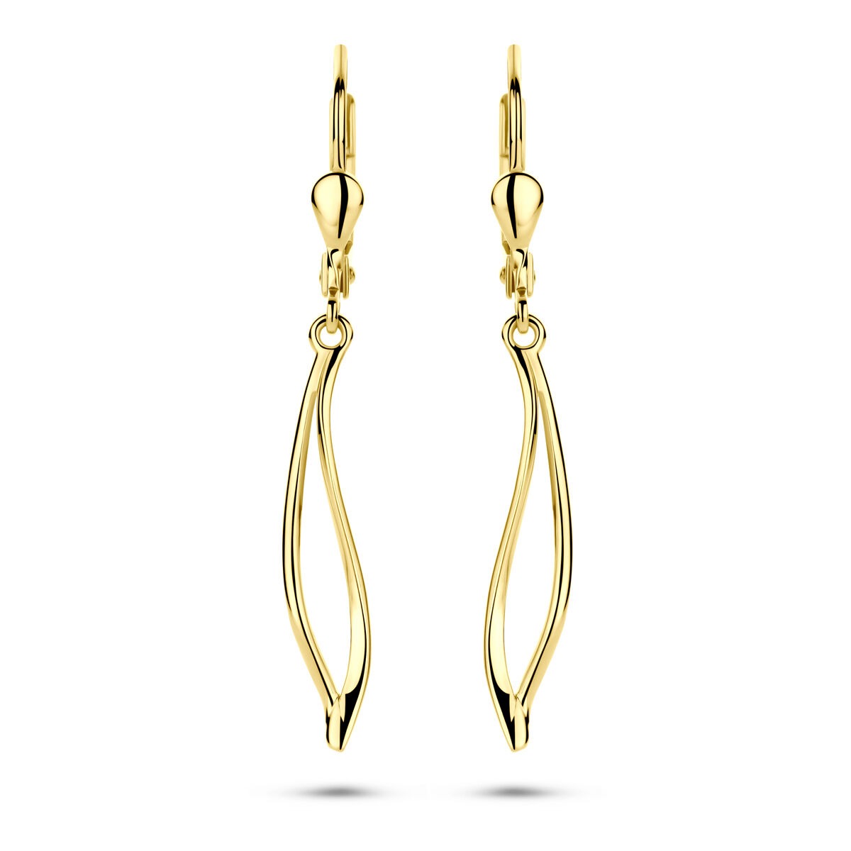 14k geelgouden oorhangers met een brisur haak en een vloeiende, golvende vorm.