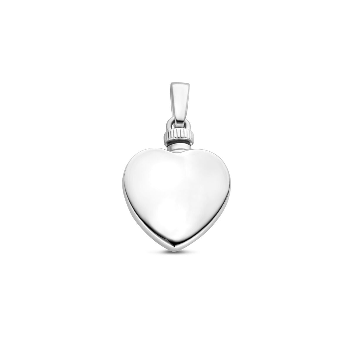 Zilveren urnhanger in de vorm van een hart, gemaakt van 925 zilver met een glanzende afwerking.