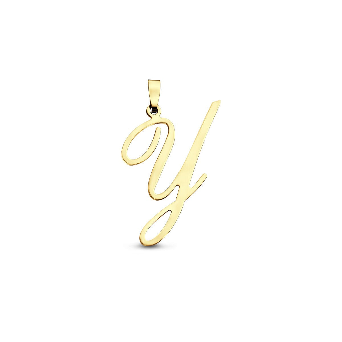Geelgouden hanger in de vorm van de letter 'y' met een glanzende afwerking.