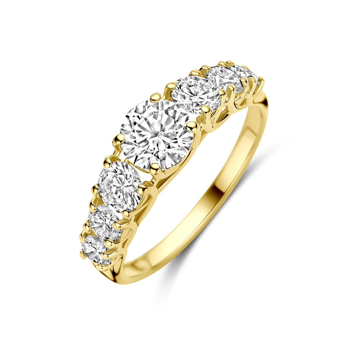 Geelgouden ring met vijf lab grown diamanten in ronde slijpvorm, met een glanzende afwerking.