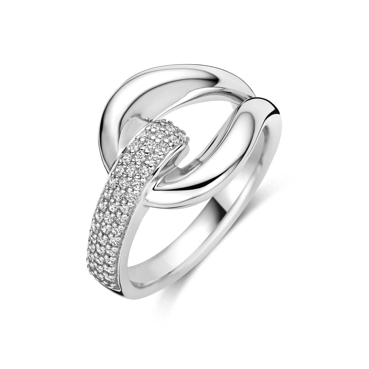 Gerhodineerde 925 zilveren ring met een golvende vorm en een pavé bezetting van zirkonia.
