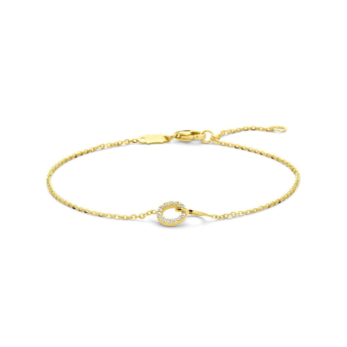 14k geelgouden dames armband met een delicate schakelstructuur en een zirkonia detail in de sluiting.