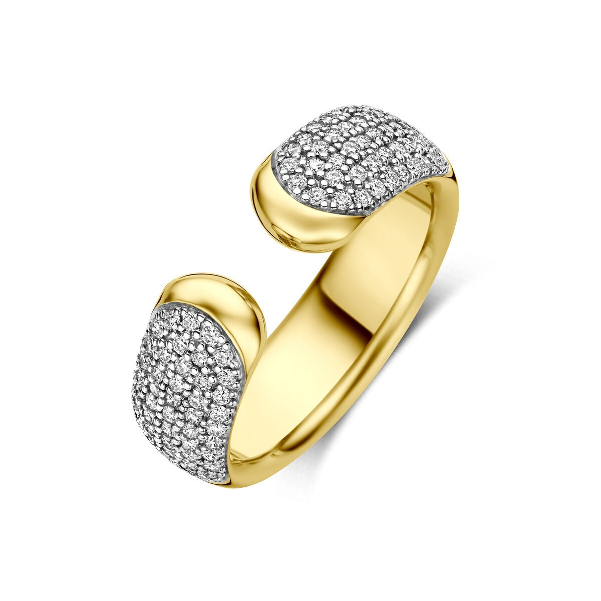 Geelgouden ring met twee afgeronde uiteinden bezet met kleine diamanten.