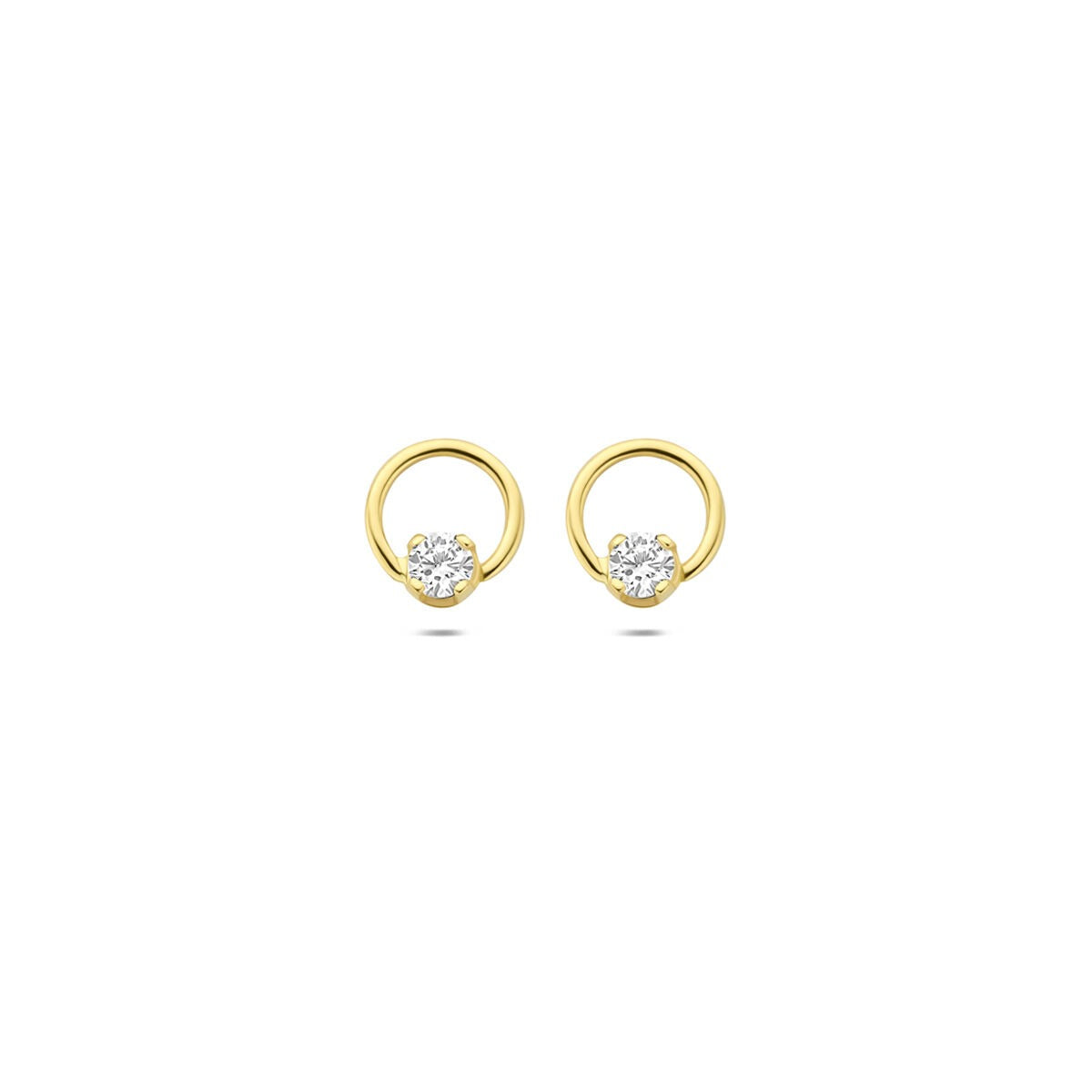 Geelgouden oorknoppen met een lab grown diamant van 0,13 ct, ronde vorm en eenvoudige setting.
