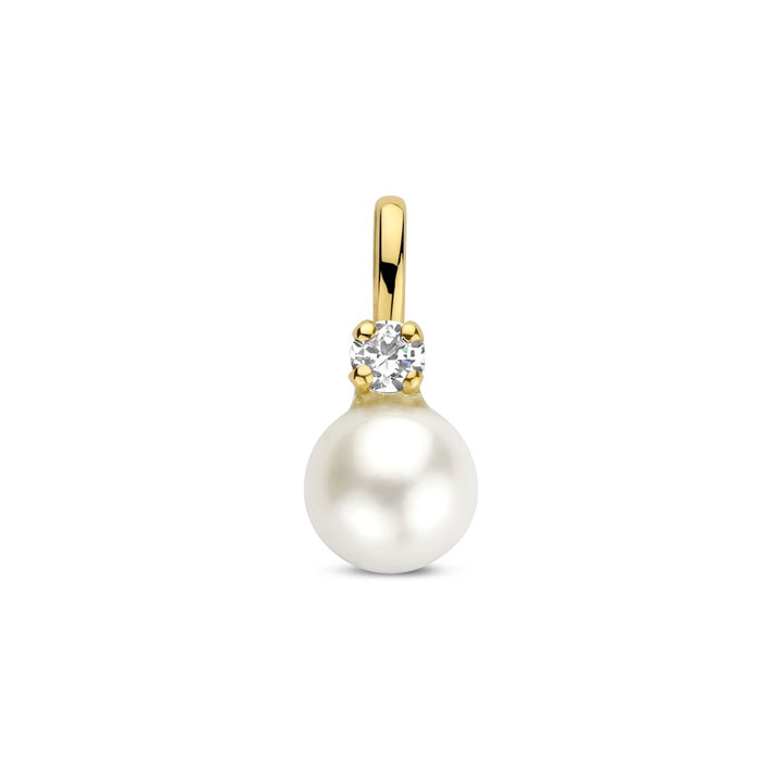 9k Geelgouden hanger met zoetwaterparel en zirkonia