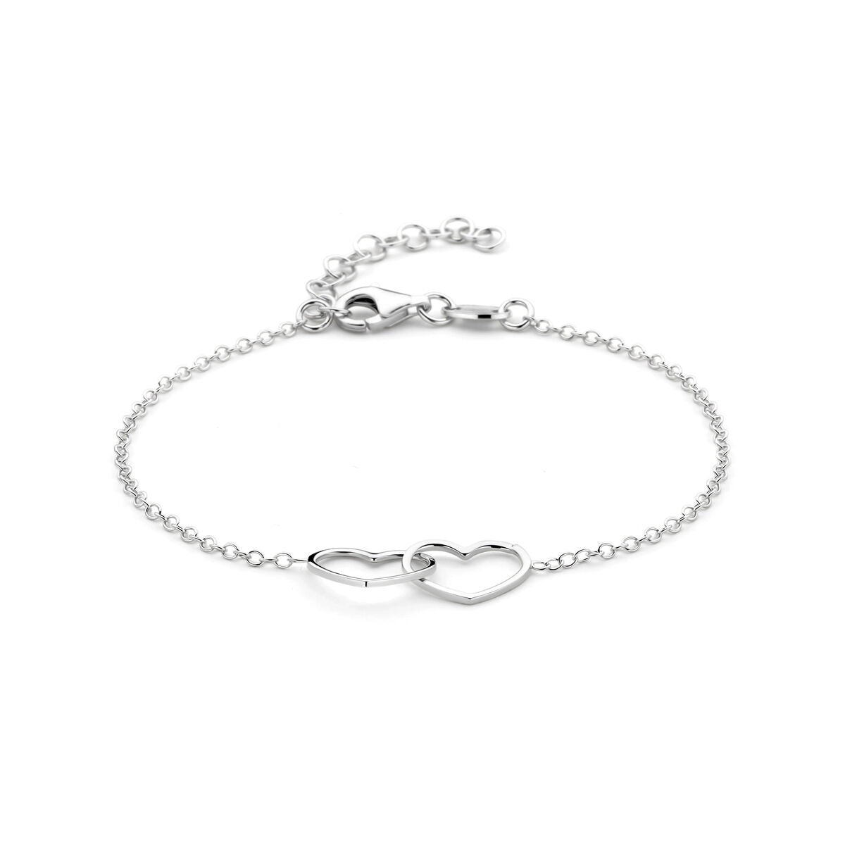 Zilveren armband met dubbele harten, gerhodineerd, fijne schakelketting en verstelbare sluiting.