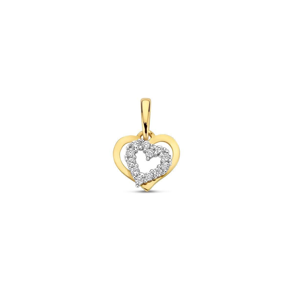 Bicolor hanger in hartvorm van 9k goud met een zirkonia-inzet in het midden.
