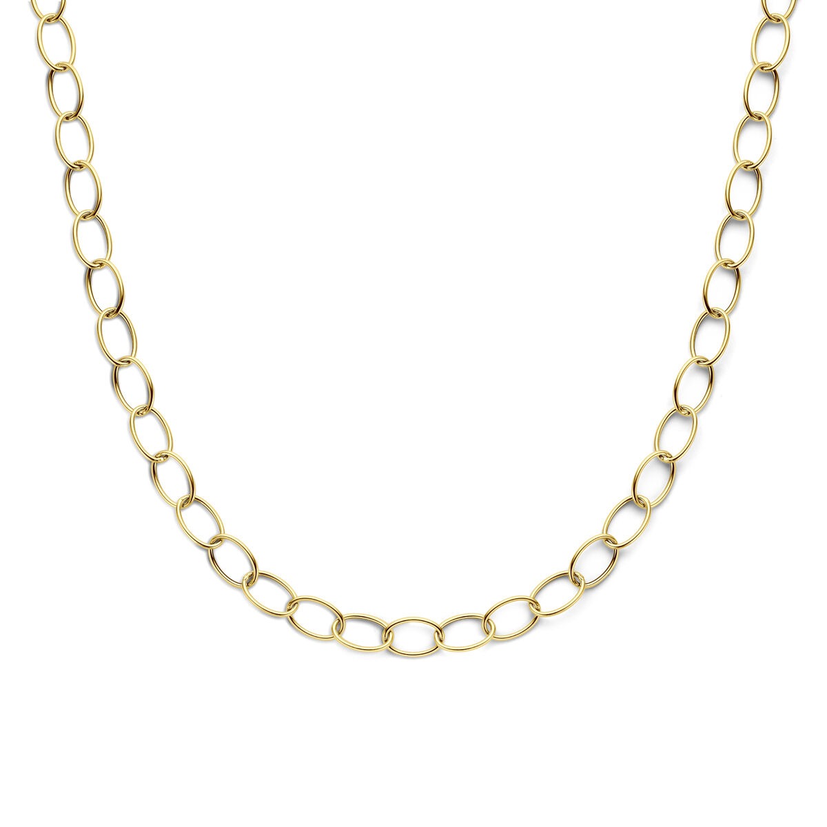 Geelgouden dames collier met brede draadschakels, 45 cm lang.