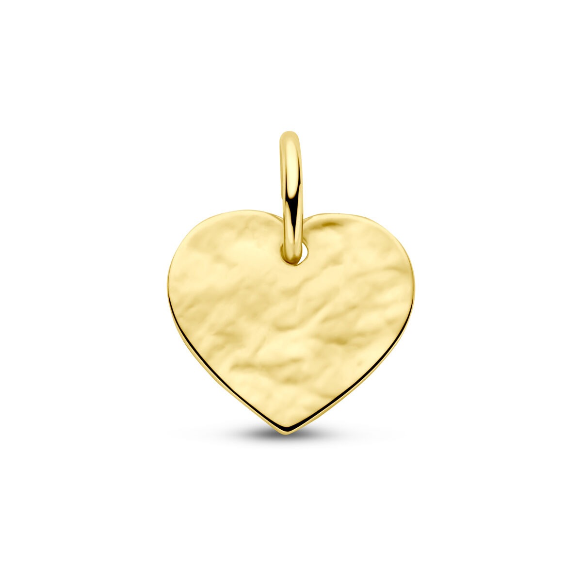 Geelgouden graveerhanger in de vorm van een hart met een lichtgehamerde afwerking.