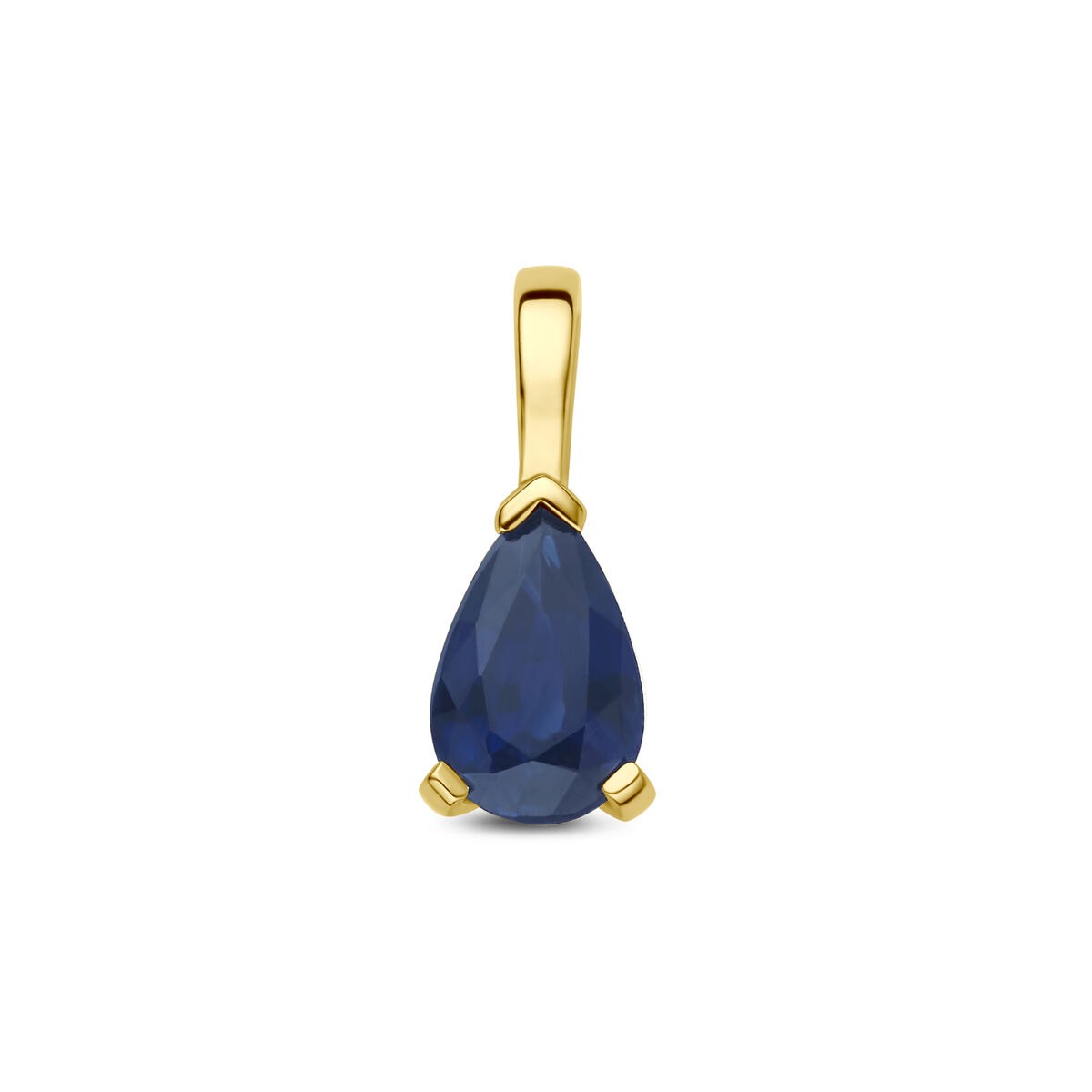 Geelgouden hanger met een druppelvormige, blauwe saffier.