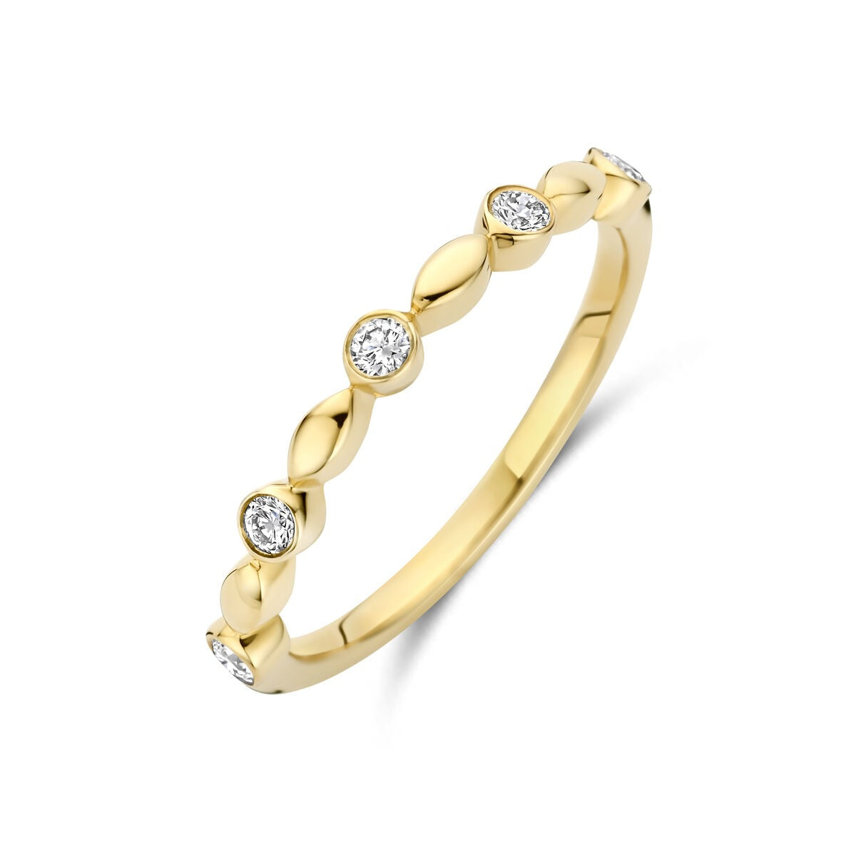 Geelgouden ring met lab-grown diamanten, versierd met een golvende schakelvorm en vijf ronde steentjes.