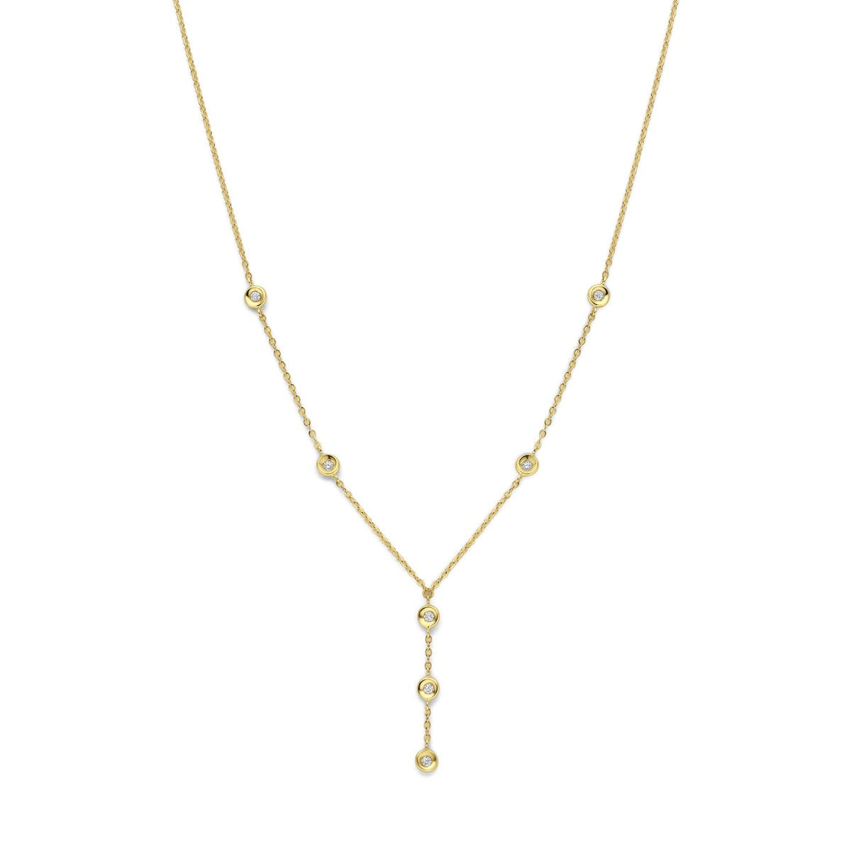 14k geelgouden collier met een hangende diamant van 0,21 ct en kleine diamanten in de ketting.