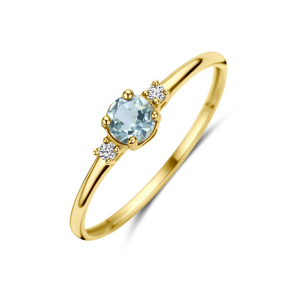 Geelgouden ring met een ronde blauwe topaas in het midden en twee zirkonia's aan weerszijden.