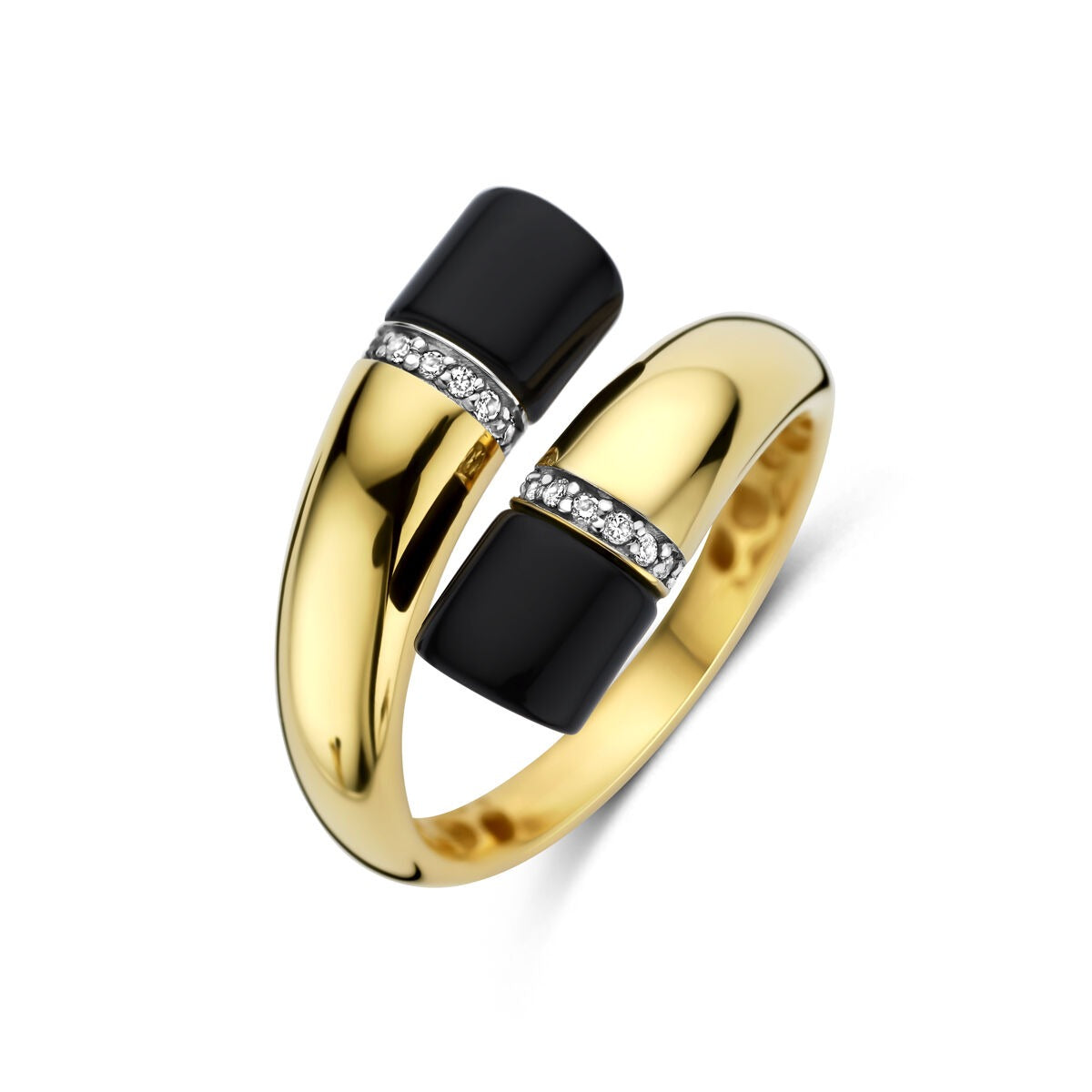 Geelgouden damesring met twee onyx elementen en een rijtje diamanten, 16 mm breed.