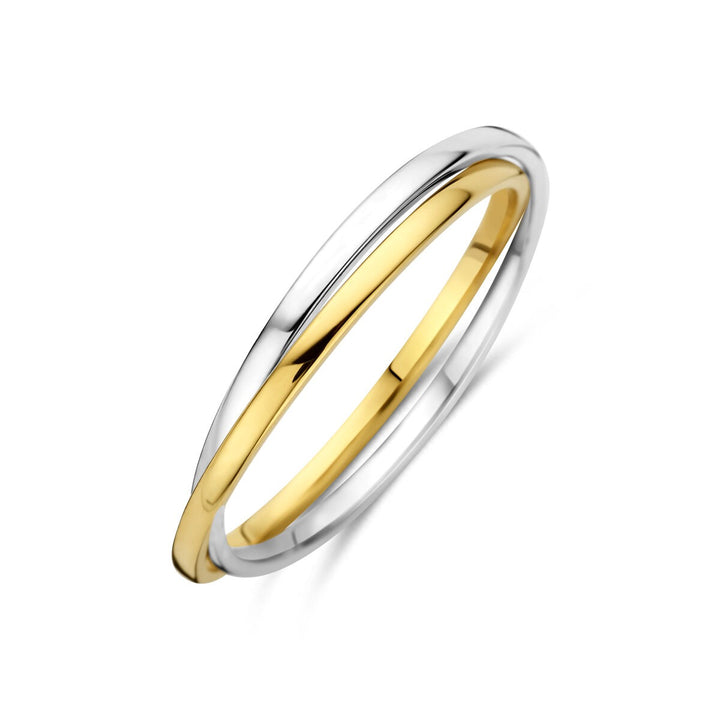 14k Bicolor geel- en witgouden ring – dubbele band in één ontwerp