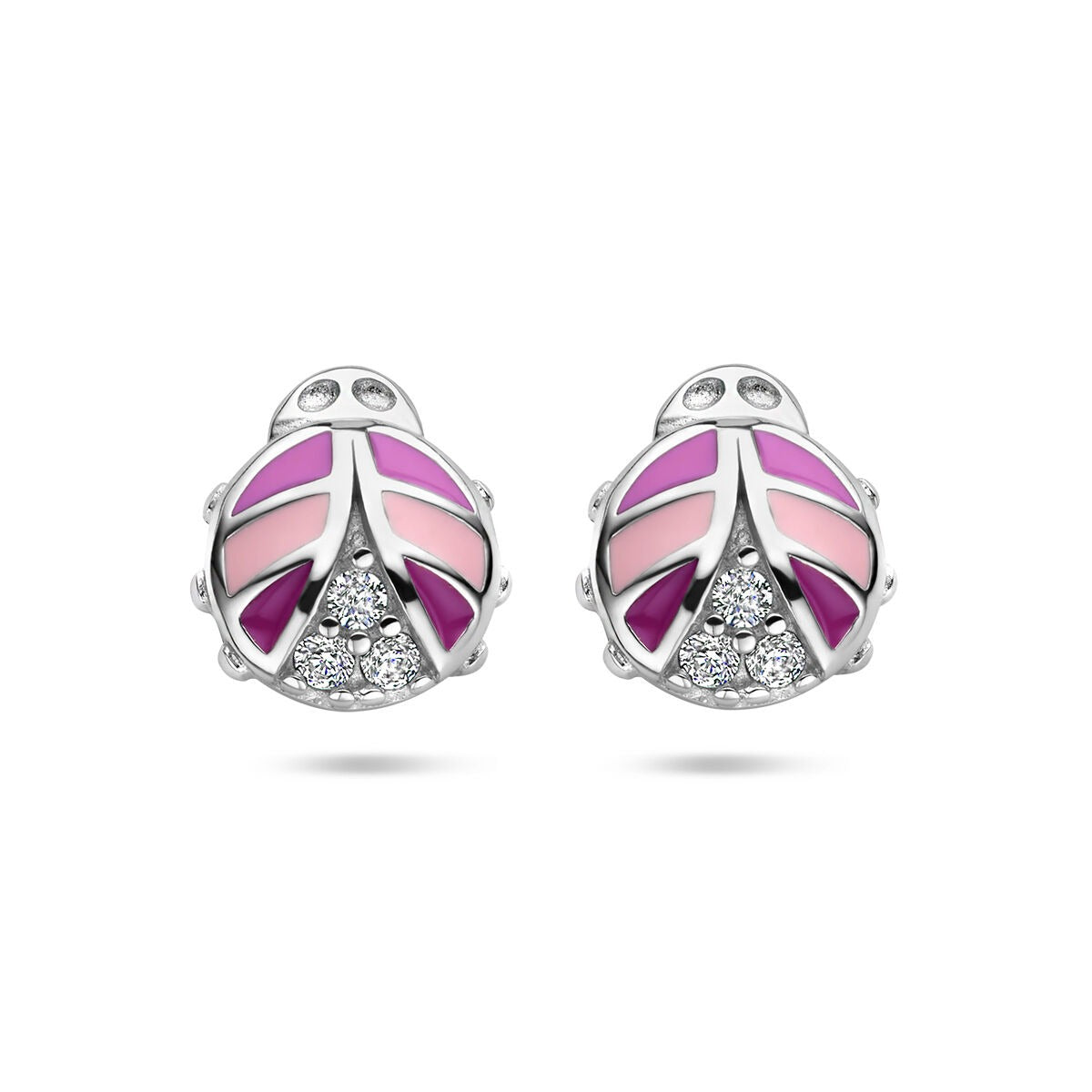 Zilveren oorknoppen in de vorm van een lieveheersbeestje met paarse en roze emaille en zirkonia-steentjes.