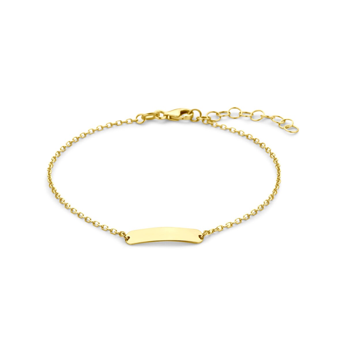 Geelgouden graveerarmband met een gladde, rechte plaat en een fijne schakelketting.