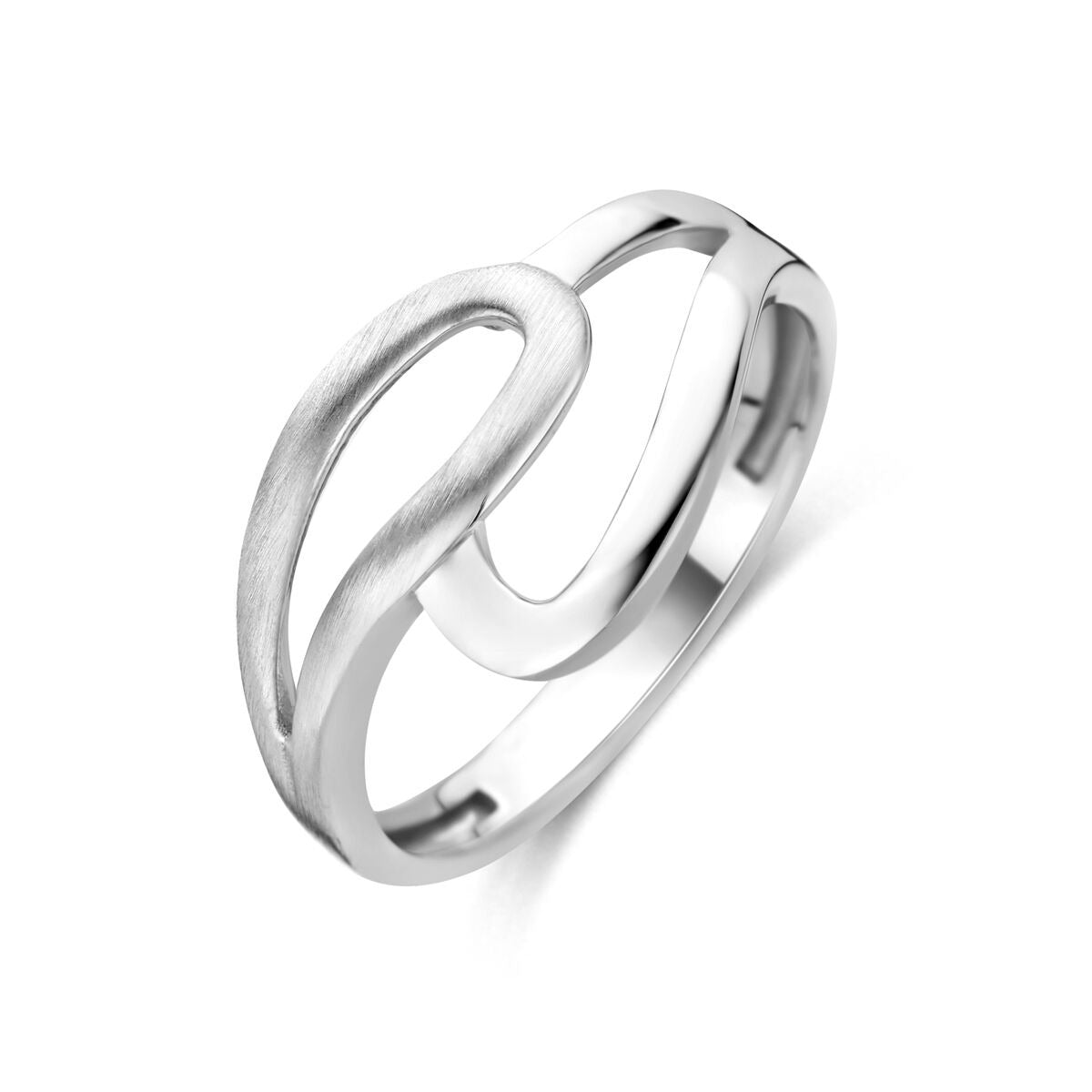 Gerhodineerde zilveren ring met een combinatie van een glanzende en matte afwerking in een vloeiende, organische vorm.
