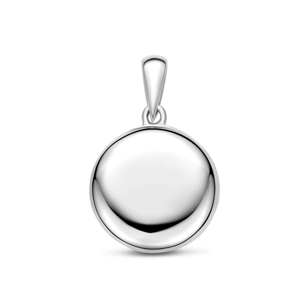 Rond gerhodineerd medaillon van 925k zilver met een glanzende afwerking.
