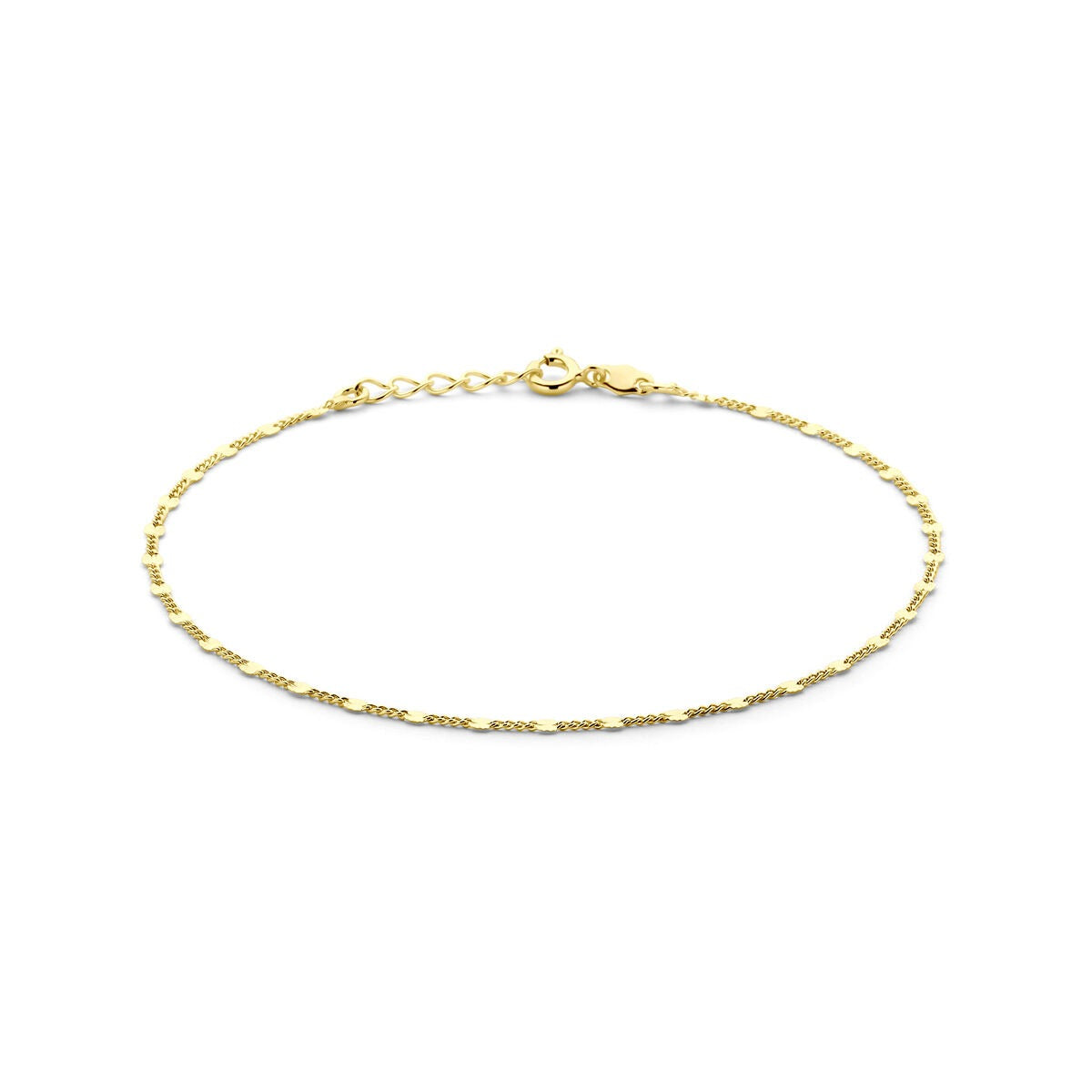Gouden enkelbandje met fijne schakels en een zilveren sluiting.