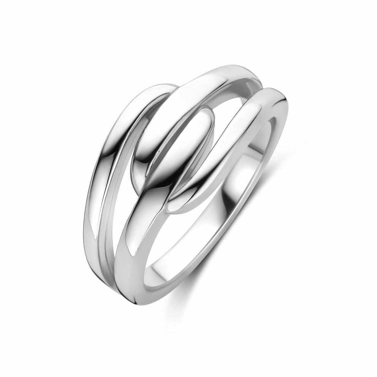 Zilveren damesring van gerhodineerd 925 zilver met een moderne, golvende vorm.