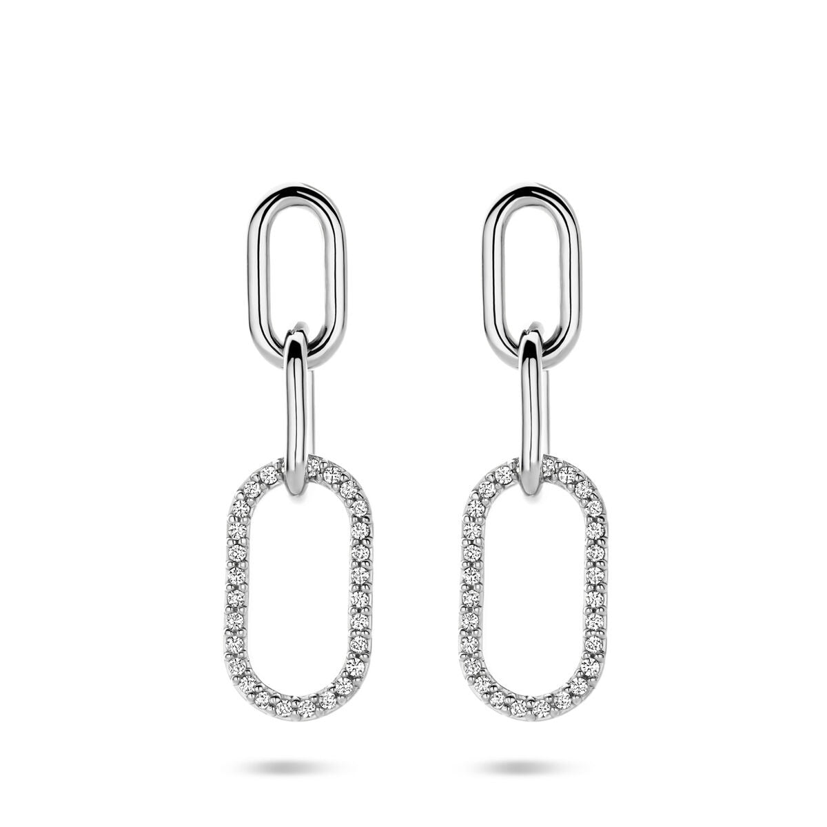 Gerhodineerde zilveren oorhangers met een dubbele schakel en zirkonia-steentjes.