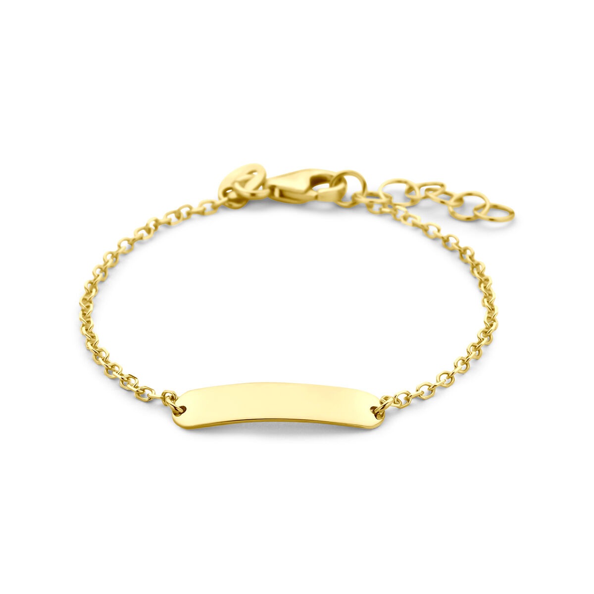 Geelgouden baby graveerarmband met een gladde, gebogen plaat en een fijne schakelketting.