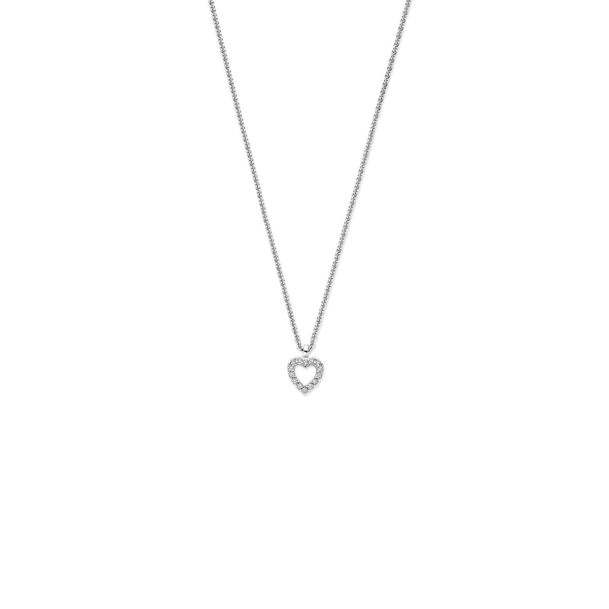 Zilveren collier van gerhodineerd 925 zilver met een hartvormige hanger bezet met zirkonia.