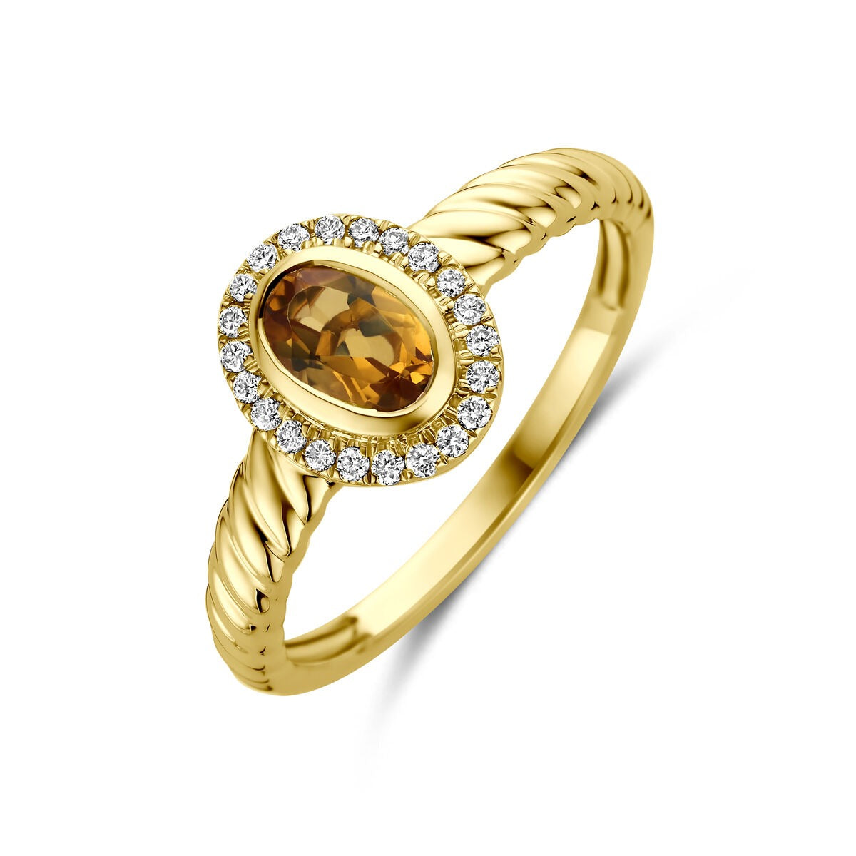 Geelgouden ring met een ovale citrien omringd door lab grown diamanten en een gedraaid bandje.