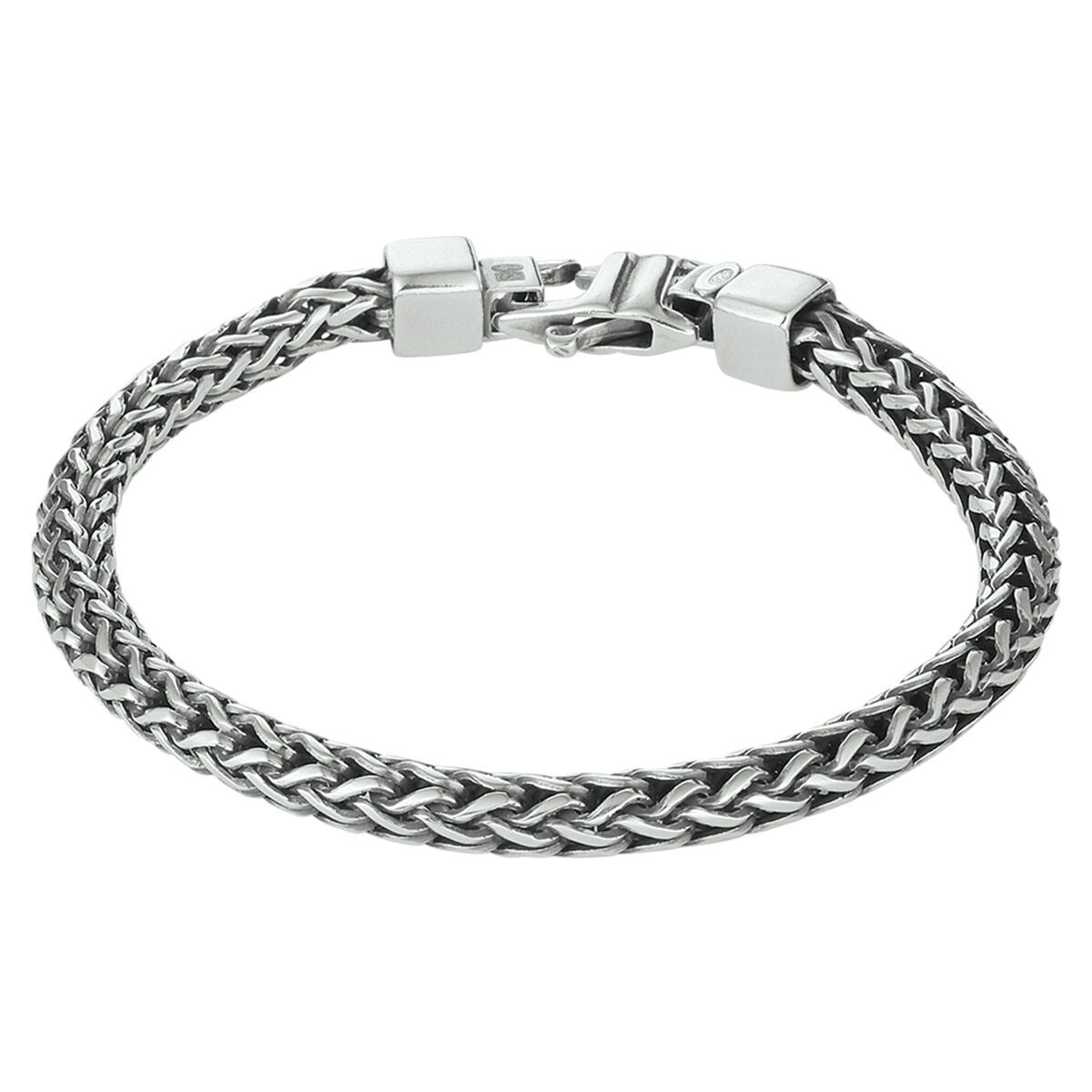 Geoxideerde zilveren heren armband met vossestaart vlechtpatroon van 5 mm breedte.