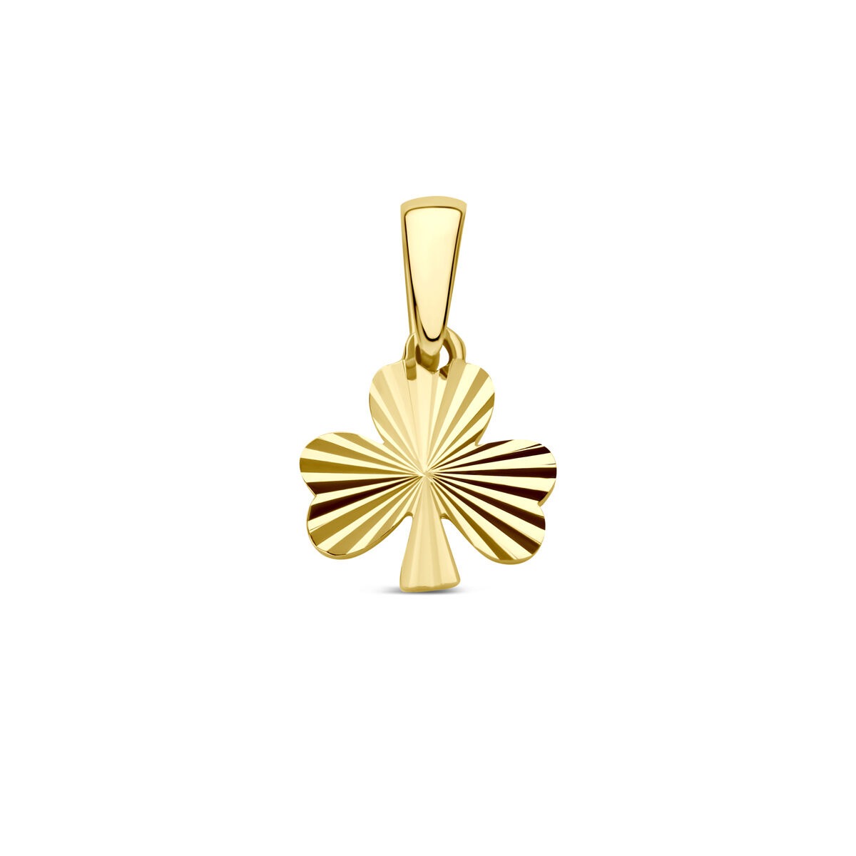 Geelgouden klaver hanger met een gestructureerde afwerking en een lus voor bevestiging.