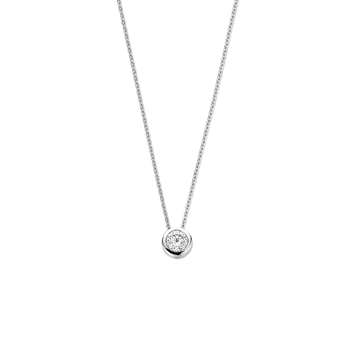 Zilveren collier met gerhodineerde ketting en solitaire zirkonia hanger.