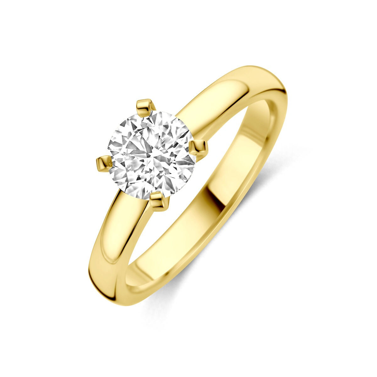 Geelgouden ring met een ronde 1.00ct lab grown diamant in een vierpootzetting.