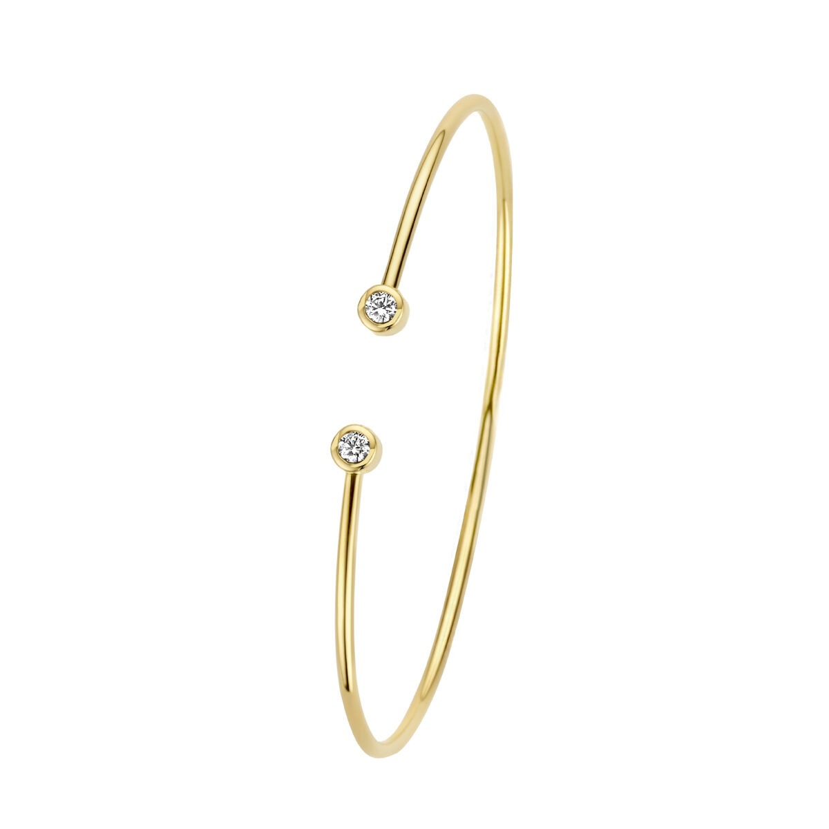 Geelgouden bangle armband met twee diamanten, minimalistisch ontwerp.