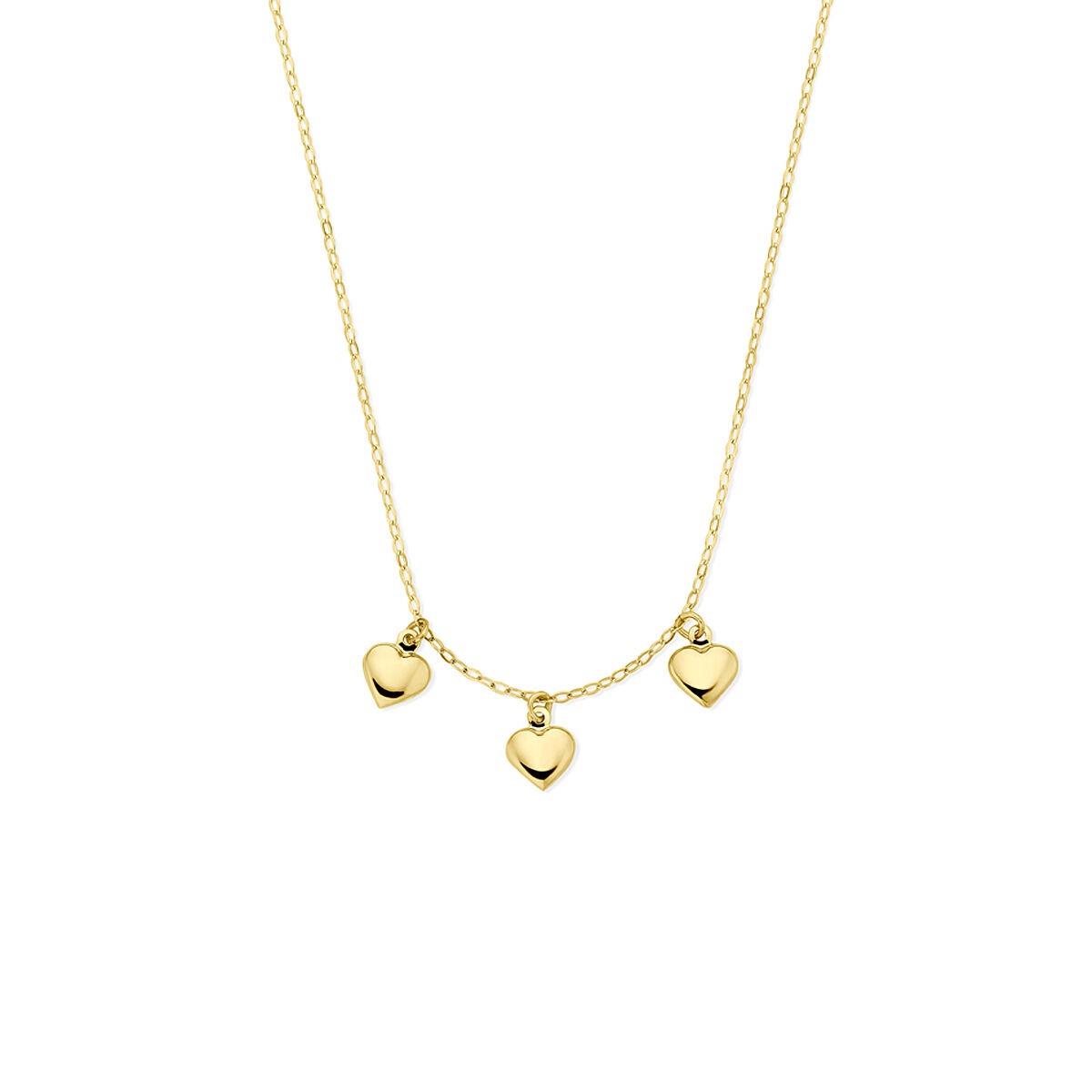 Geelgouden ketting met drie hartjes, verstelbaar van 40 tot 42 cm.