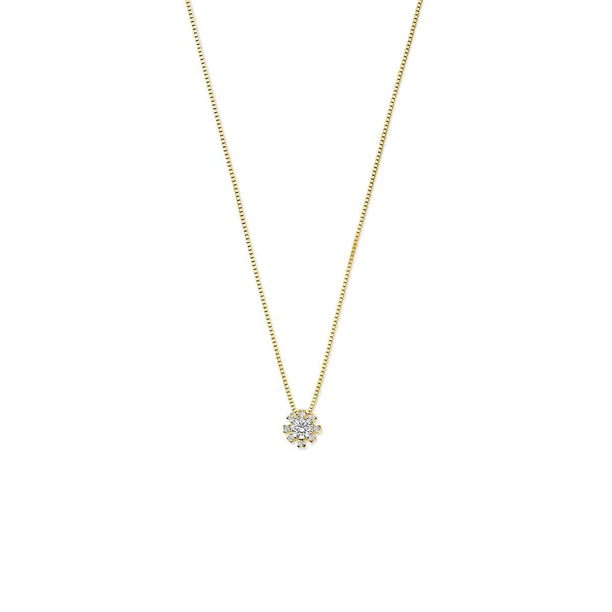 Gouden collier van 14k met een zirkonia in entourage zetting, hangend aan een fijne ketting.
