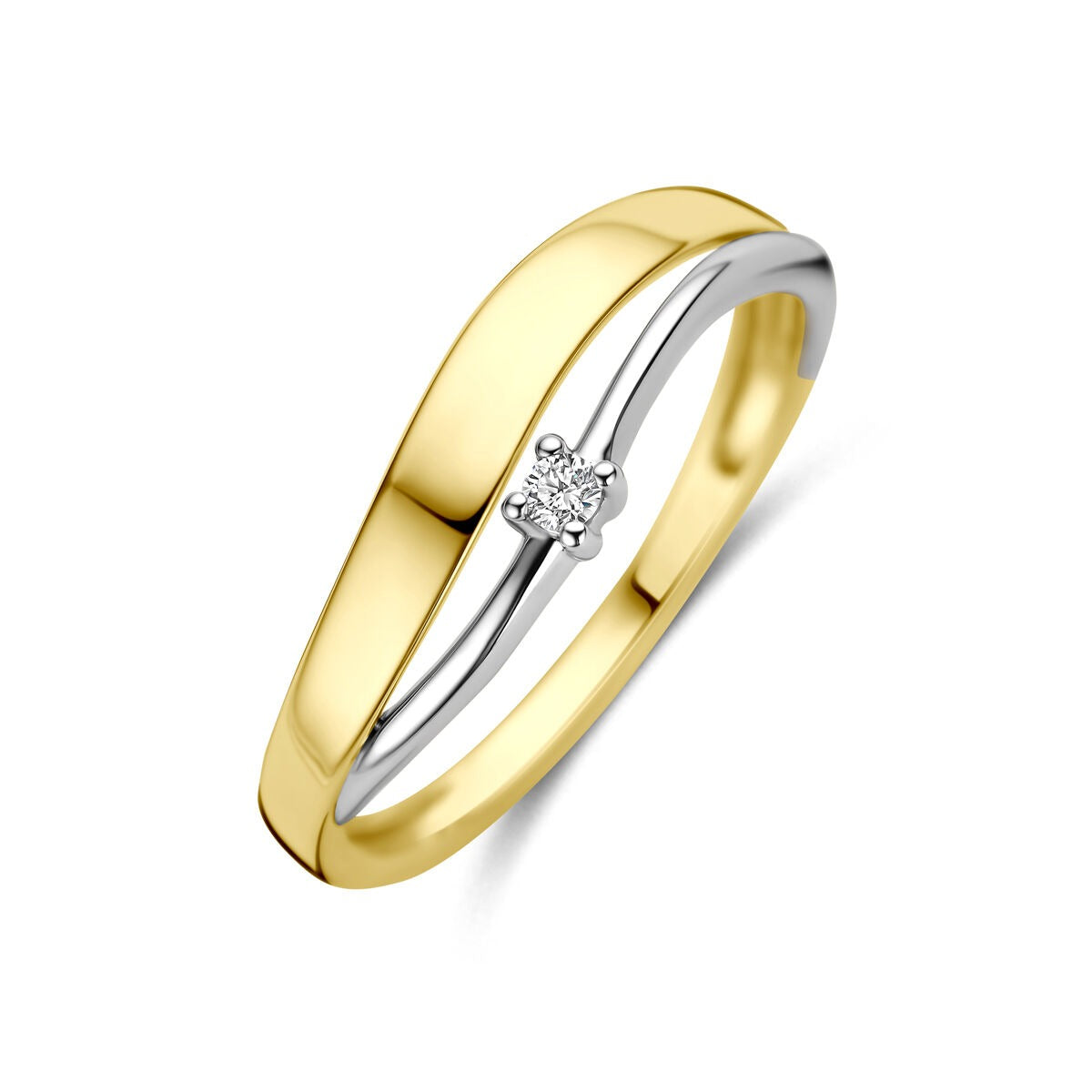 Bicolor ring van 14k geel- en witgoud met een kleine diamant in het midden.