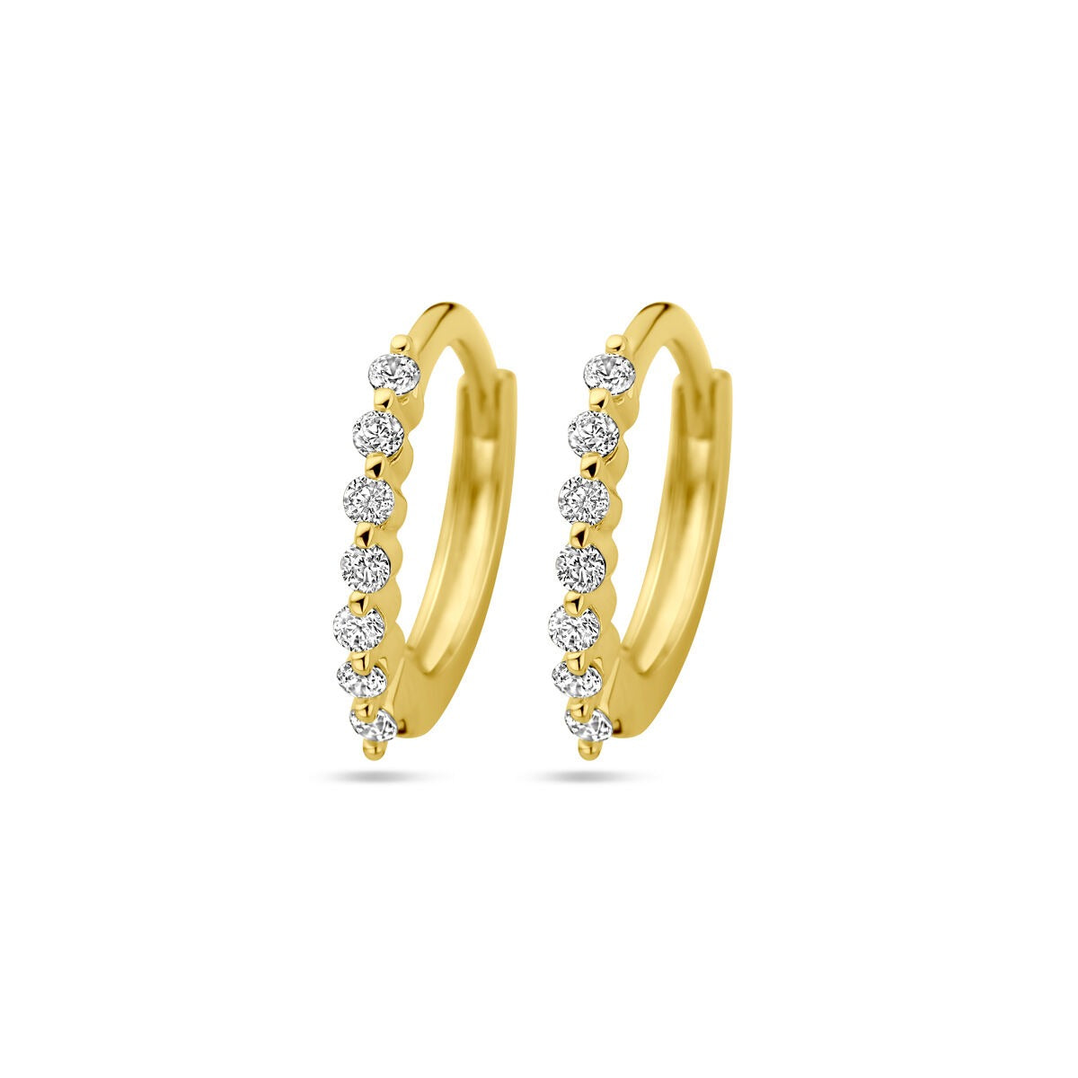 Vergulde zilveren klapoorringen in geelgoud met zirkonia, 13 mm, met een rij van glinsterende steentjes.