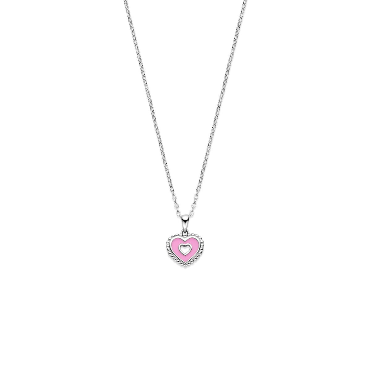 Zilveren gerhodineerde ketting met een hartvormige hanger in roze en wit, lengte 36 + 3 cm.